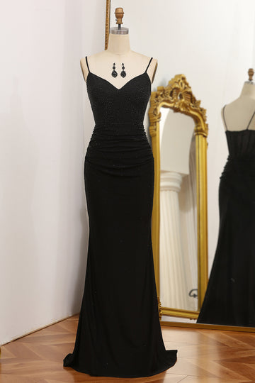 Black Mermaid Spaghetti Straps Pleated Long Prom Dress with Beading